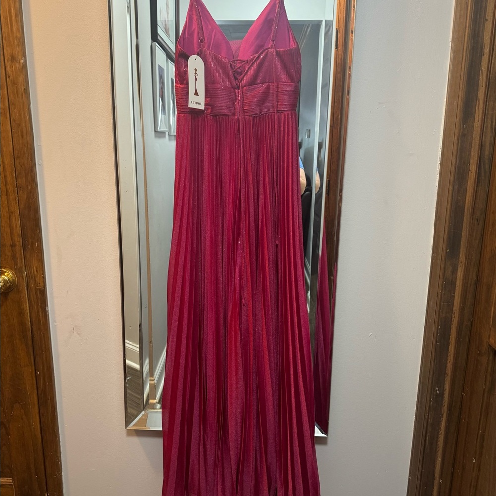 Nadri Red Pleated Maxi Gown Spaghetti Strap